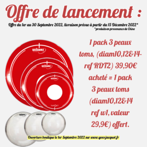 offre promotionellle Williams Drumheads Septembre 2022